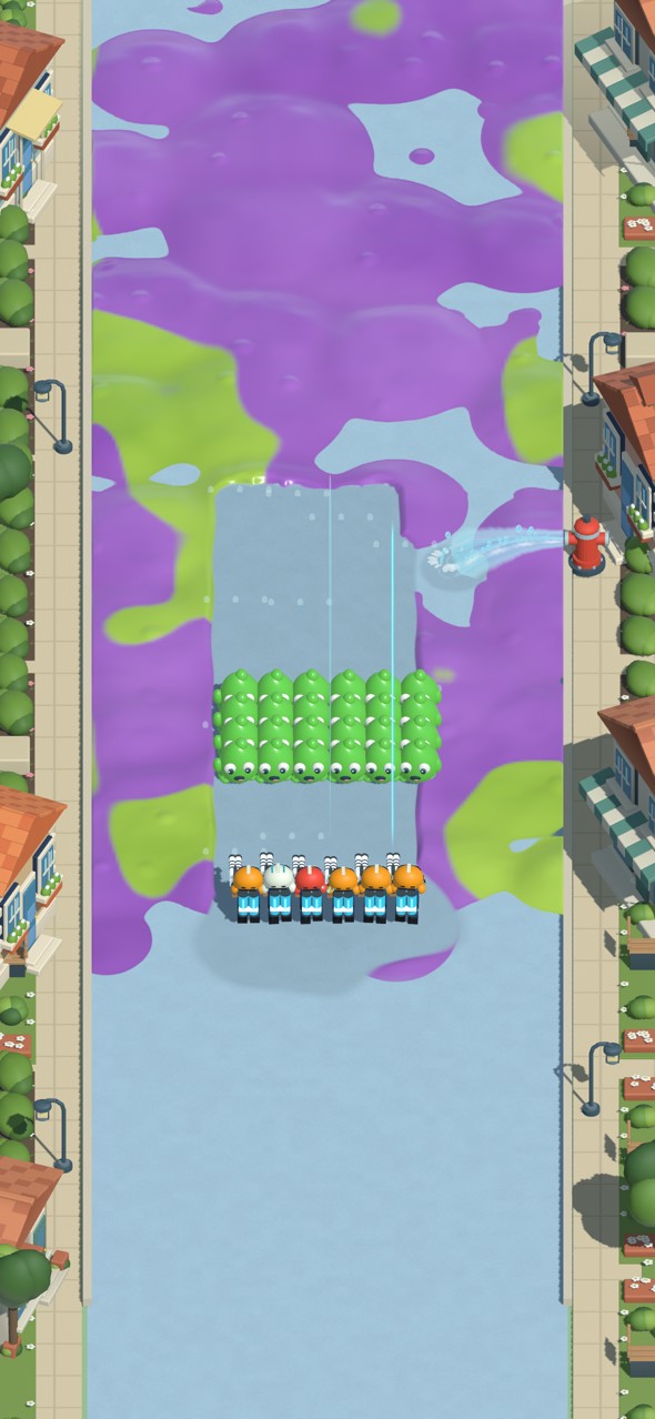 A squad uses narrow water lasers against a slime horde