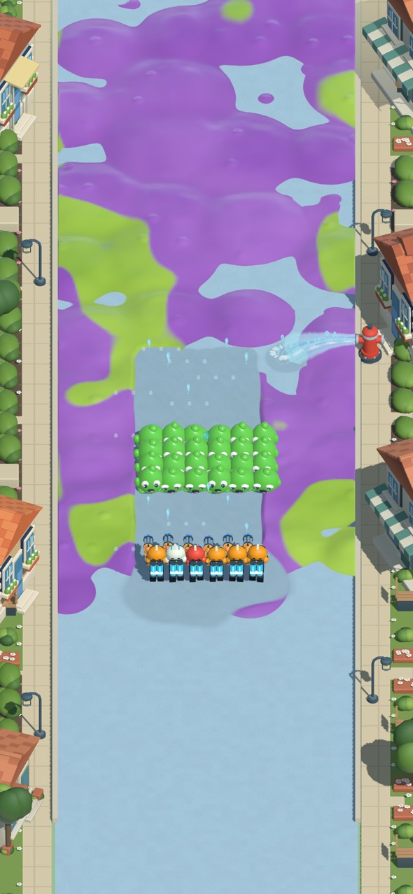 A water-gun squad faces a crowd of colourful slimes in Maple Town