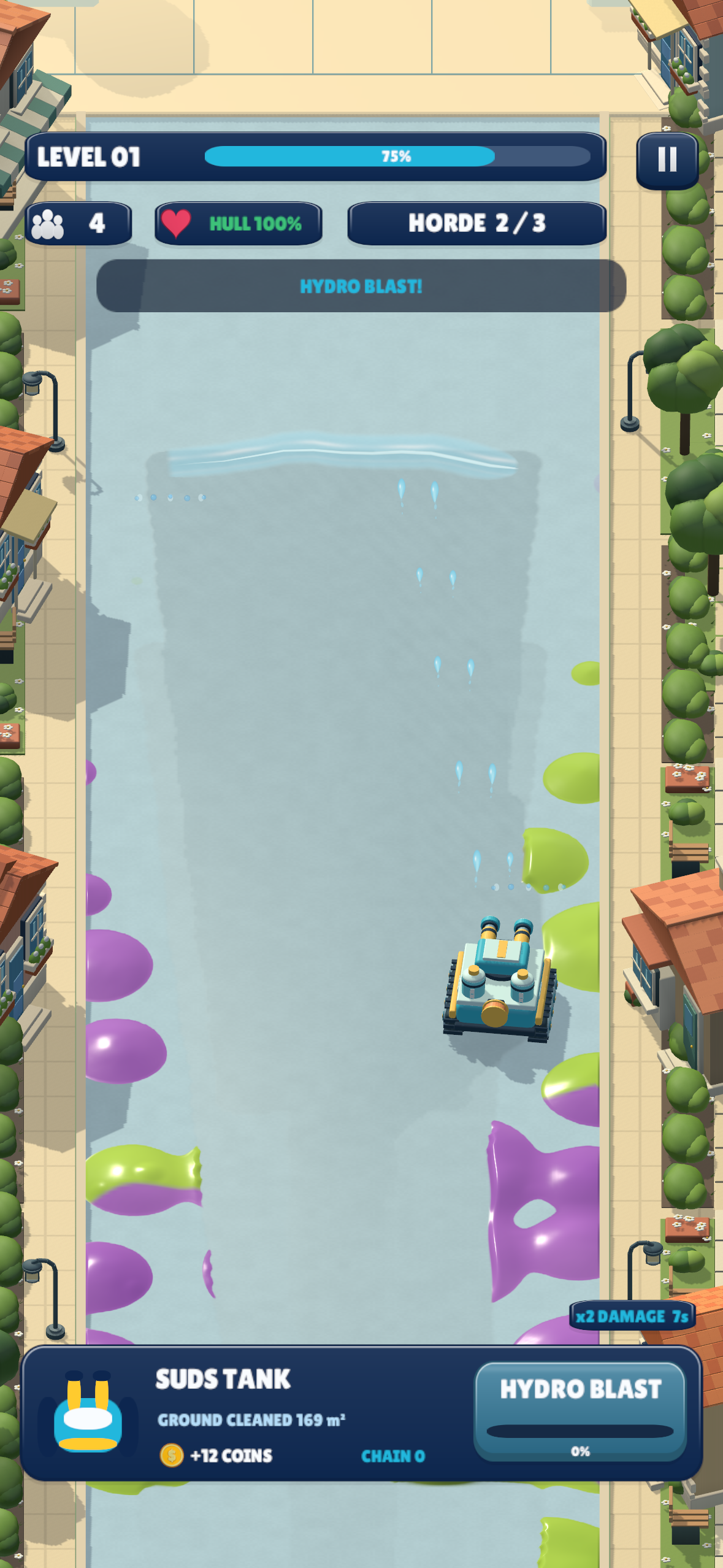 The Suds Tank clears slime from Maple Town with a wide Hydro Blast