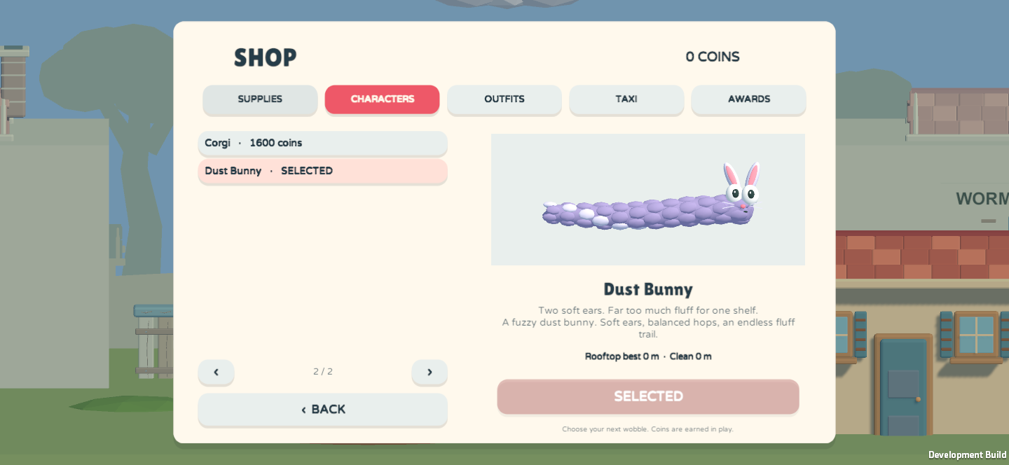 In-game Dust Bunny character: a long lavender body covered in fluff, with tall rabbit ears