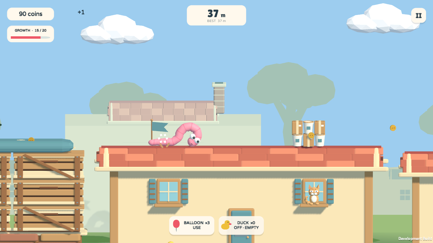 Slinkaroo gameplay: a pink worm curling over a rooftop with coins and gaps ahead